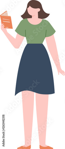 Young woman holding an open book, enjoying reading, literature fan, knowledge and education library concept, studying and learning vector illustration