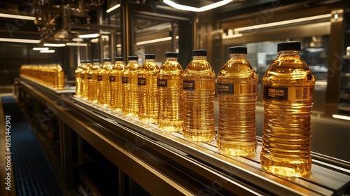 A modern production line showcasing rows of golden oil bottles, highlighting efficiency and quality in manufacturing. photo