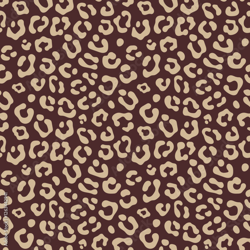 Leopard print seamless pattern with brown and beige colors, featuring irregular spots and shapes, perfect for fashion, textile, and design projects