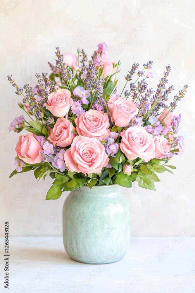 Elegant floral arrangement featuring pink roses and lavender in a vintage vase for romantic spring decor Elegant floral arrangement featuring pink roses and lavender in a vintage vase for romantic spring decor