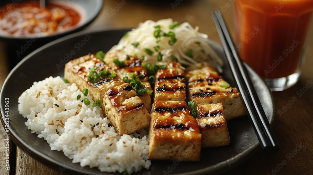 Grilled tofu and soy cheese slices on a plate with rice and spicy sauce. A glass of beverage and chopsticks are also included. Grilled tofu and soy cheese slices on a plate with rice and spicy sauce. A glass of beverage and chopsticks are also included.