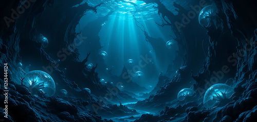 A seamless, eerie underwater texture featuring glowing alien-like marine creatures, deep ocean trenches, and swirling dark blue currents. Ideal for sci-fi oceanscapes, abyssal horror themes. photo