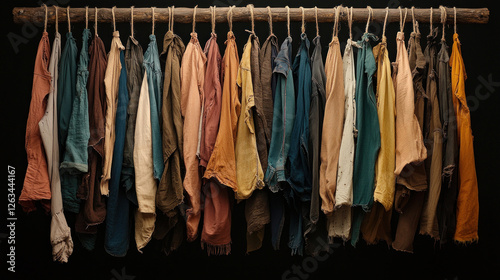 Colorful shirts hanging on a clothesline, showcasing vibrant fashion choices. photo