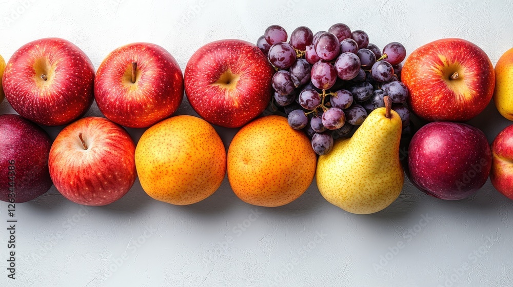 Fresh fruit arranged minimally on a clean white background with vibrant colors