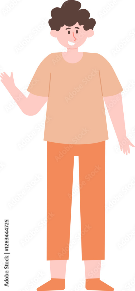 Obraz premium Full body vector illustration of a friendly young man smiling and waving in casual clothes, isolated on a white background, ideal for projects focused on youth and positivity