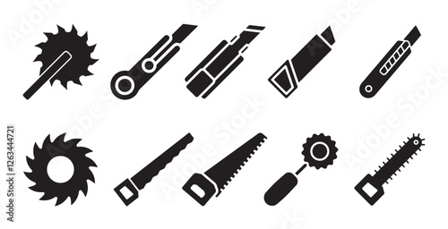  Collection of Ten Cutting Tool Icons in Silhouette Style, Featuring Circular Saws, Utility Knives, and Hand Saws for Construction, DIY, and Workshop Use, Isolated on a White Background