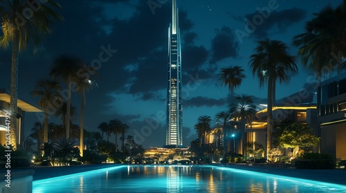 Enjoy the stunning night view of Kingdom Centre Tower in Riyadh, Saudi Arabia.