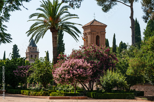 Interior of the landscaped gardens of the Alhambra Palace and Fortress in Granada, Spain.
