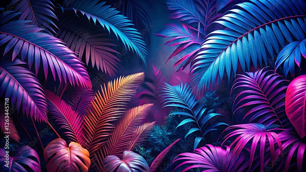 Fototapeta premium Dark tropical jungle scene with vibrant neon lighting in shades of magenta, deep blue, and purple, blending natural beauty with a futuristic cyberpunk aesthetic