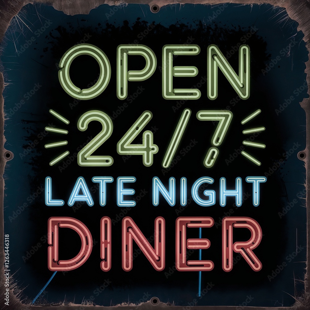 Fototapeta premium Neon sign with green, blue, and red text reading OPEN 24 or 7 LATE NIGHT DINER. Set against a dark background with a distressed border for a retro look.