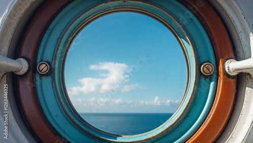 Beautiful Porthole Perspective of the Open Sea and Horizon Under a Clear Blue Sky
