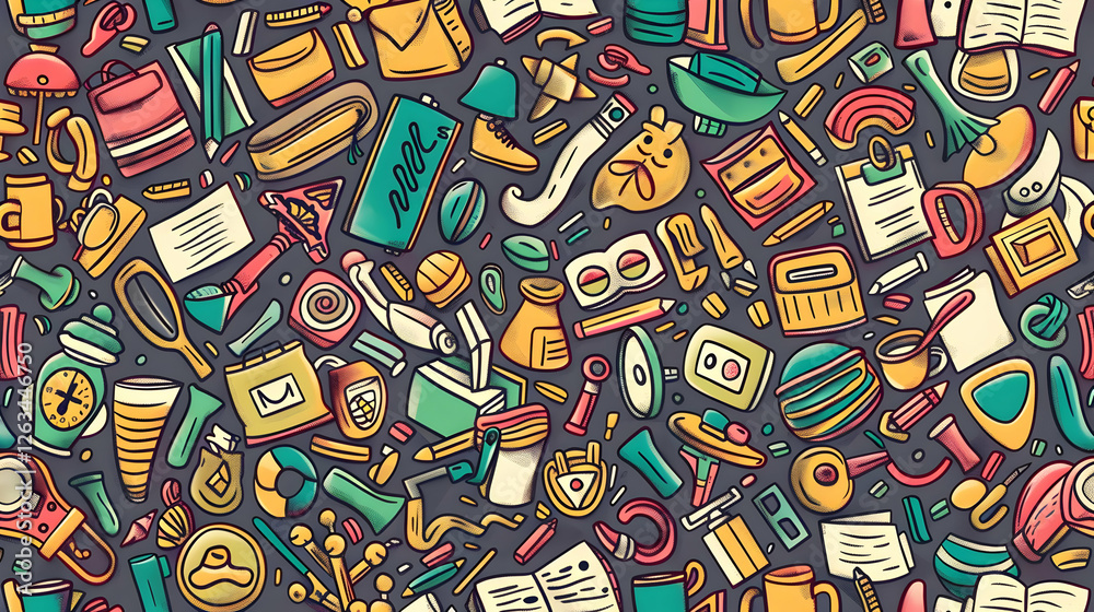 Naklejka premium Colorful flat lay of various everyday objects and tools scattered on a textured background, showcasing a vibrant assortment
