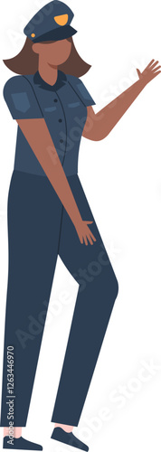 Illustration of a female police officer in uniform, confidently gesturing with one hand. The image represents women in law enforcement, showcasing strength and professionalism