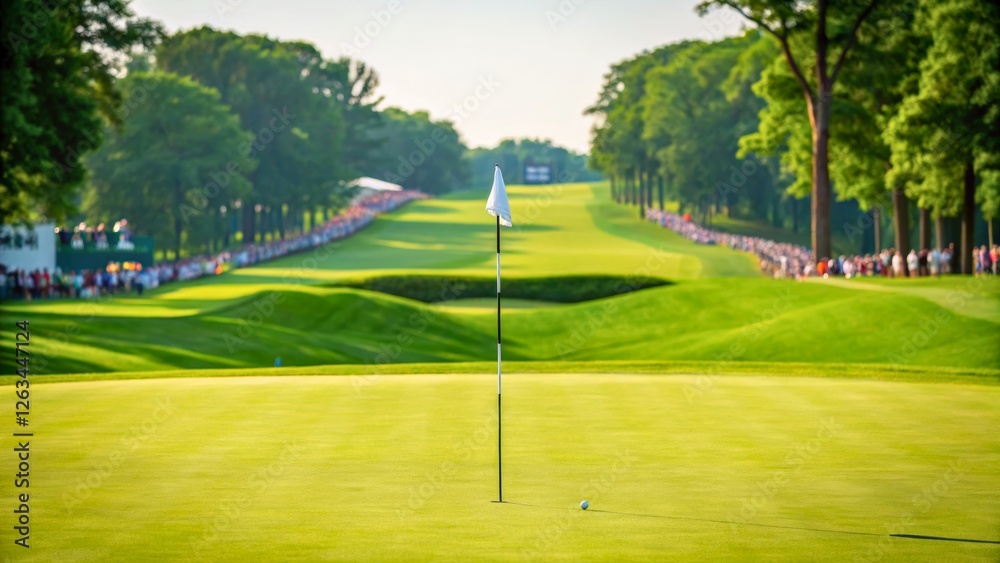 Fototapeta premium Scenic Golf Course with Flag and Inviting Green Landscape in Soft Natural Light