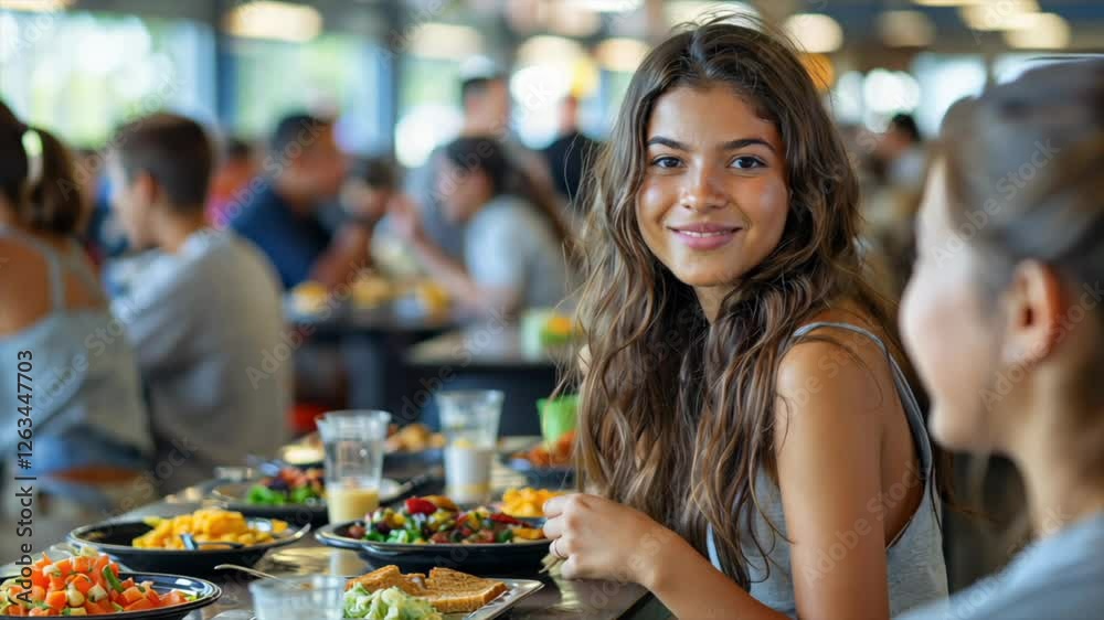 Students enjoy lunch together in a vibrant dining hall filled with food and lively conversation Students enjoy lunch together in a vibrant dining hall filled with food and lively conversation