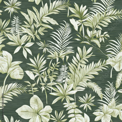 A botanical floral illustration with tropical palms, ferns, and monstera leaves in various shades of green. The simple yet lush design creates an indoor jungle feel, perfect for nature-inspired spaces