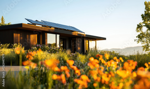 Explore a Stunning Modern House with Solar Panels Surrounded by Vibrant Flowers and Lush Greenery, Merging Architecture with Nature for Sustainable Living