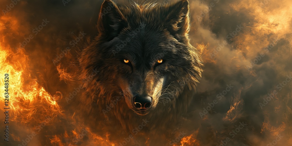 A fierce black wolf gazes intently from a vivid backdrop of orange and yellow flames. Its intricate fur blends black and brown tones, while piercing yellow eyes lock onto the viewer with intensity A fierce black wolf gazes intently from a vivid backdrop of orange and yellow flames. Its intricate fur blends black and brown tones, while piercing yellow eyes lock onto the viewer with intensity
