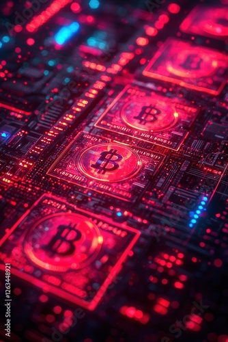 Futuristic glowing Bitcoin chips integrated into a high-tech circuit board, symbolizing blockchain technology, cryptocurrency, and digital finance