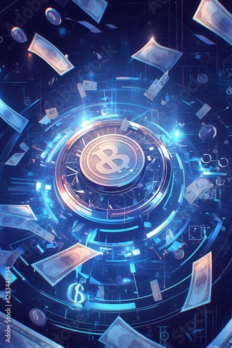 Futuristic digital currency concept with glowing Bitcoin symbol, floating banknotes, and a high-tech cyber interface, representing blockchain and financial innovation
