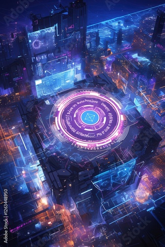 Futuristic high-tech cityscape with a glowing circular digital hub, symbolizing advanced technology, artificial intelligence, and cyberspace innovation