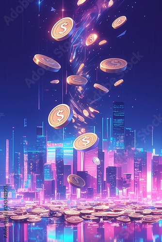 Futuristic cityscape with glowing skyscrapers and golden coins floating in the air, symbolizing digital finance, cryptocurrency, and economic growth