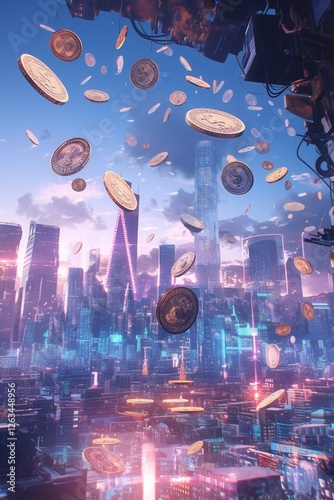 Futuristic city skyline with floating digital coins, symbolizing cryptocurrency, finance, and the technological evolution of the global economy