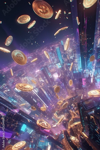 Futuristic cyberpunk cityscape with towering skyscrapers, glowing neon lights, and floating golden coins, symbolizing digital finance and virtual economy