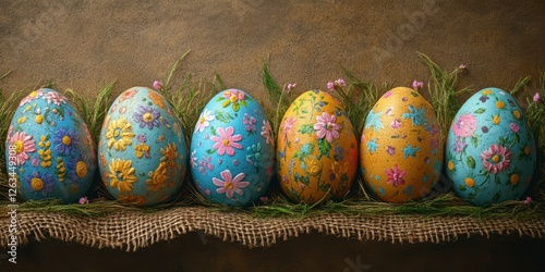 Decoratively painted Easter eggs arranged on a rustic surface with grass and flowers in springtime setting photo