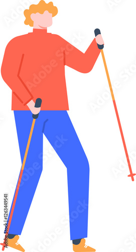 Young man with trekking poles practicing nordic walking enjoying healthy lifestyle and exercising outdoor, promoting physical activity and wellness through outdoor sports