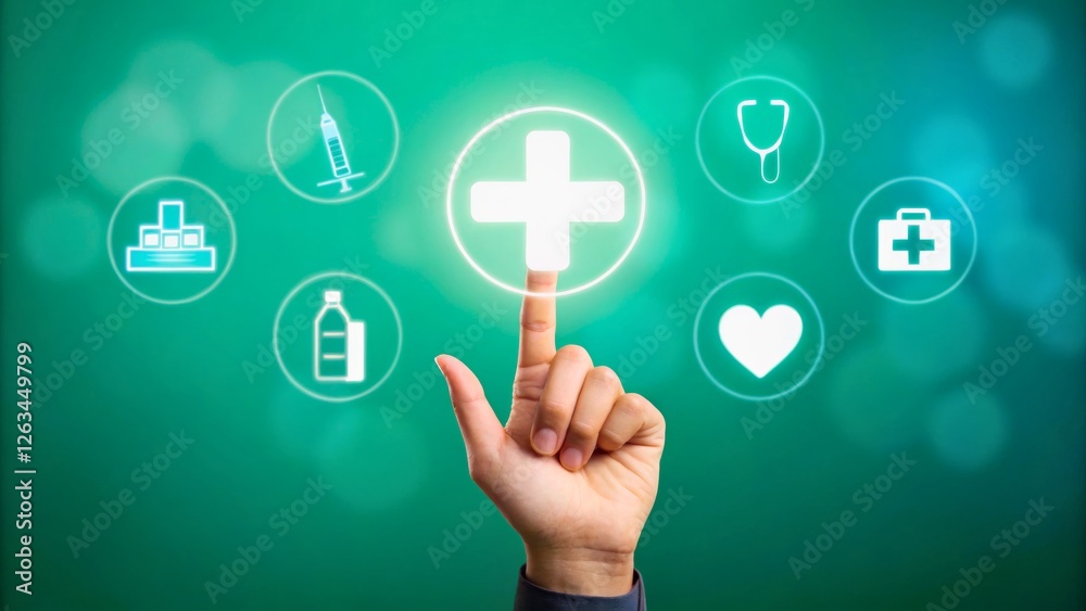 Hand Touching Digital Medical Cross Symbol with Healthcare Icons on Green Background Hand Touching Digital Medical Cross Symbol with Healthcare Icons on Green Background