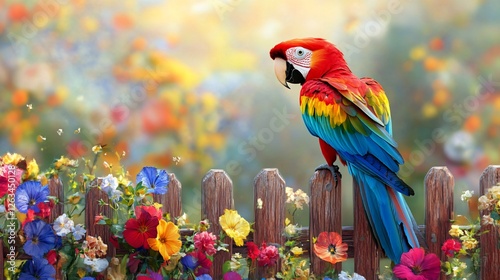Fototapeta Naklejka Na Ścianę i Meble -  Colorful Parrot on a Fence Surrounded by Flowers