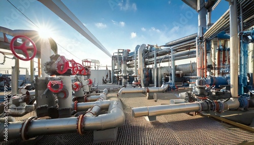 Large industrial area multiple pipes valves are arranged district heating.