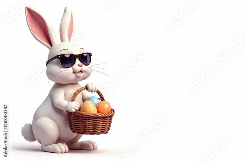 This illustration, on the left, against a white background, features an Easter bunny wearing sunglasses and holding a basket of elegant Easter eggs, with plenty of room for text on the right