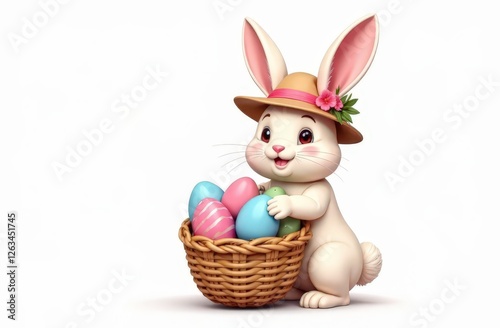 This illustration, set against a white background, features an Easter bunny wearing a beautiful hat and holding a basket of elegant Easter eggs