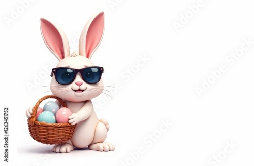 This illustration, on the left, against a white background, features an Easter bunny wearing sunglasses and holding a basket of elegant Easter eggs, with plenty of room for text on the right