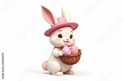 This illustration, set against a white background, features an Easter bunny wearing a beautiful hat and holding a basket of elegant Easter eggs
