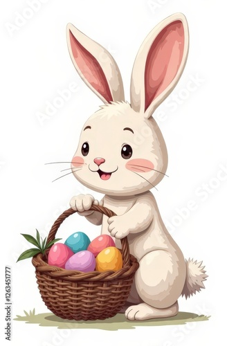 This illustration, on the left, on a white background, features a stylish Easter bunny with a basket of elegant Easter eggs, with plenty of space for text on the right