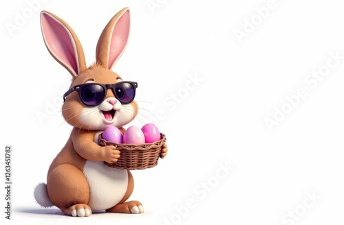 This illustration, on the left, against a white background, features an Easter bunny wearing sunglasses and holding a basket of elegant Easter eggs, with plenty of room for text on the right