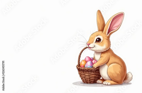 This illustration, set against a white background, features an Easter bunny wearing a beautiful hat and holding a basket of elegant Easter eggs