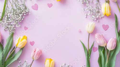 Celebrating March 8th with colorful flowers and decorations on a pastel background