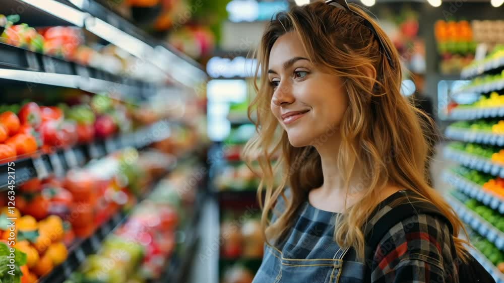 Woman shopping for fresh produce in a vibrant grocery store with colorful fruits and vegetables Woman shopping for fresh produce in a vibrant grocery store with colorful fruits and vegetables