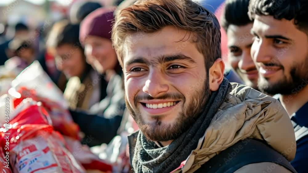 A happy refugee in a crowded camp smiles while receiving food supplies. The humanitarian aid distribution highlights support, resilience, and hope in a difficult situation. A happy refugee in a crowded camp smiles while receiving food supplies. The humanitarian aid distribution highlights support, resilience, and hope in a difficult situation.
