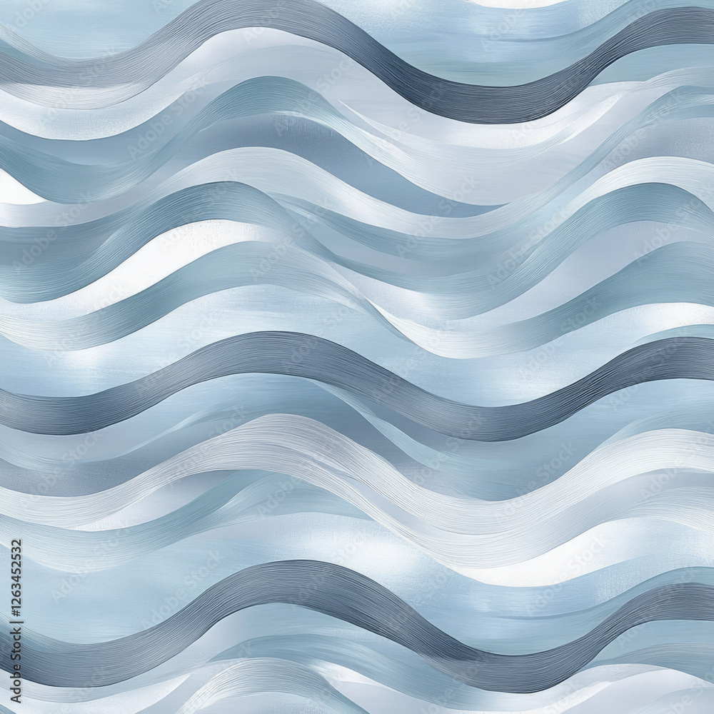 Obraz premium A smooth, flowing ocean wave illustration with elegant rolling waves in shades of pale blue and silver. The soft texture and delicate shading evoke the soothing sounds of the sea.