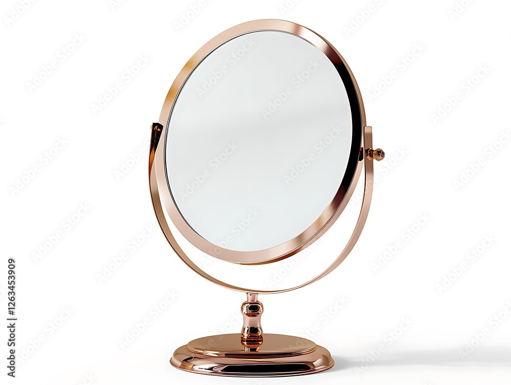 Rose gold finish table mirror on white background, elegant stand, isolated, high detail Rose gold finish table mirror on white background, elegant stand, isolated, high detail