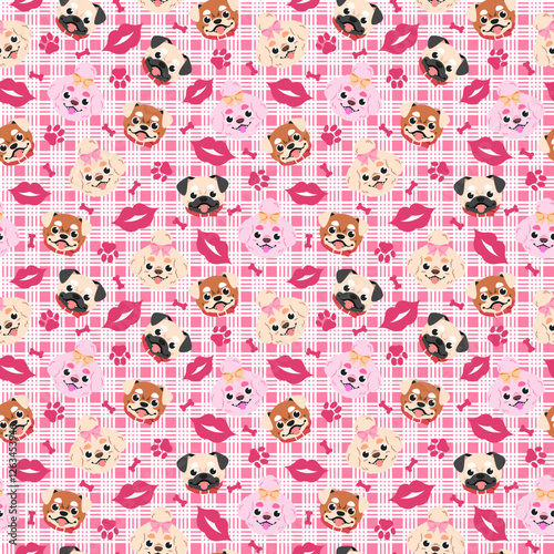 seamless pattern features cute cartoon dog faces, pink lips, and pawprints on a pink grid background, creating a playful and adorable design perfect for girly themes photo