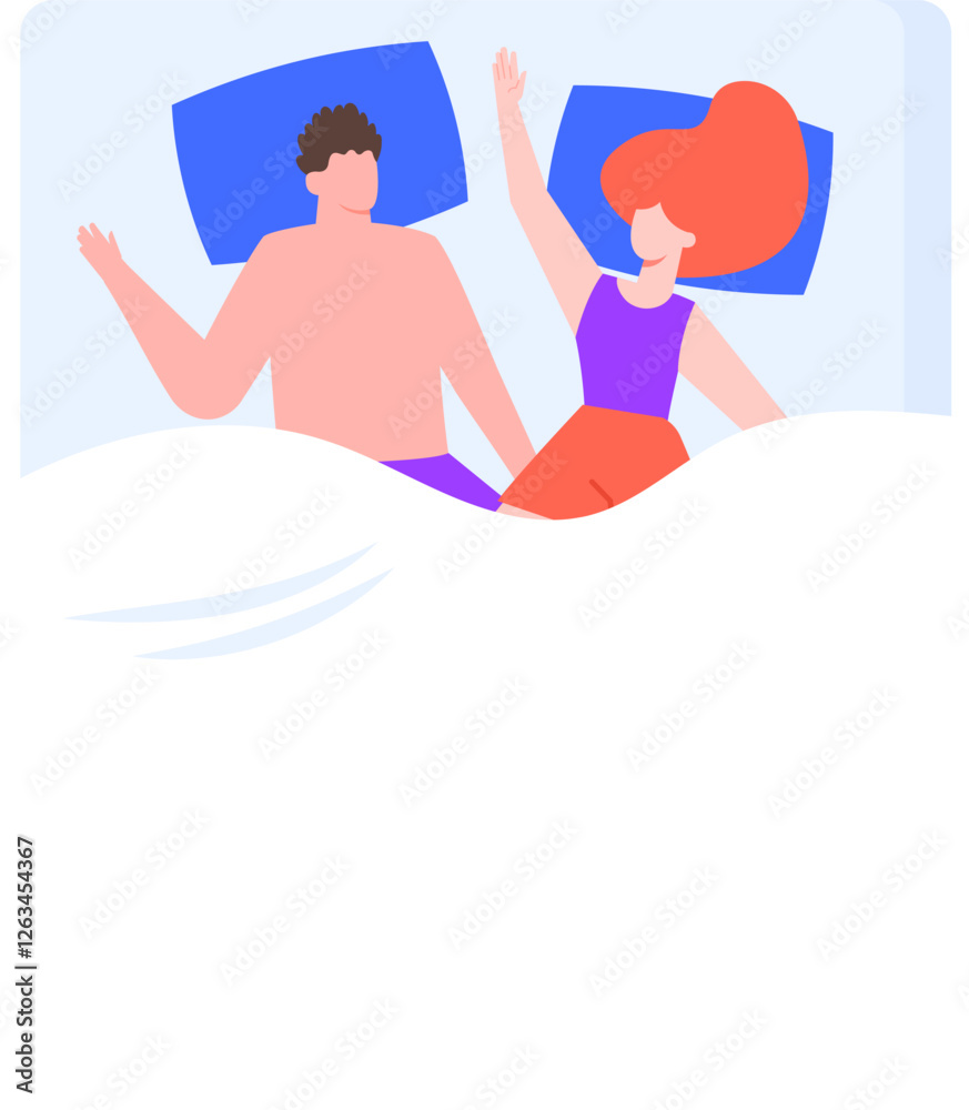 Obraz premium Young romantic couple sleeping together in bed with arms raised, enjoying a peaceful night s sleep, dreaming in their pajamas, isolated vector illustration