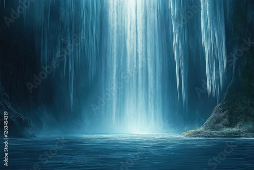 A serene, ethereal waterfall cascades into a still pool, framed by icy cliffs and hanging icicles.