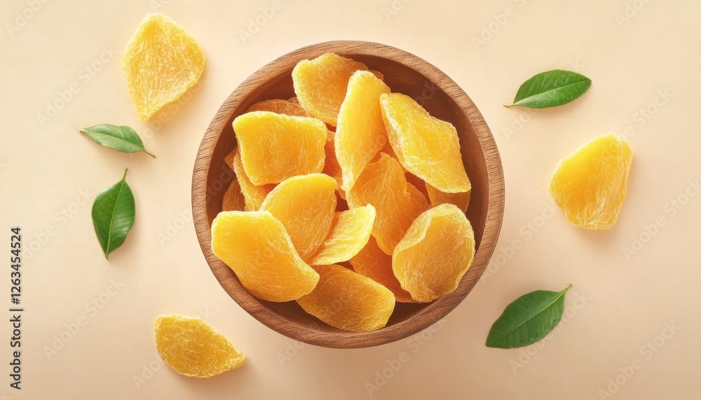 Sliced and dried mango in wooden bowl. Dried mango in vegetarian food concept. Sliced and dried mango in wooden bowl. Dried mango in vegetarian food concept.