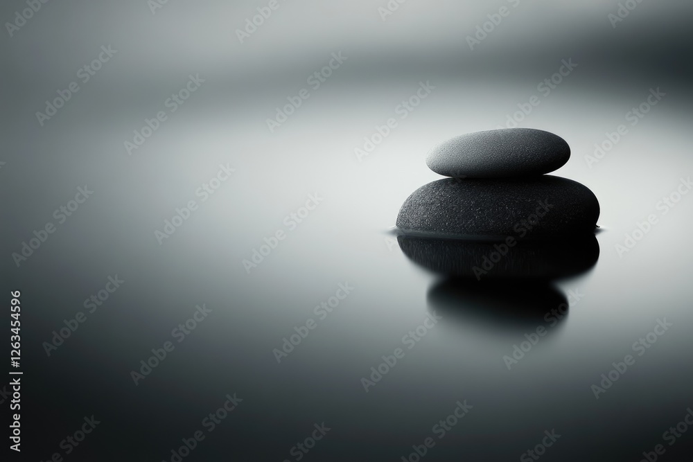 Two smooth, dark stones balanced on calm water, reflecting serenity and peace. Two smooth, dark stones balanced on calm water, reflecting serenity and peace.